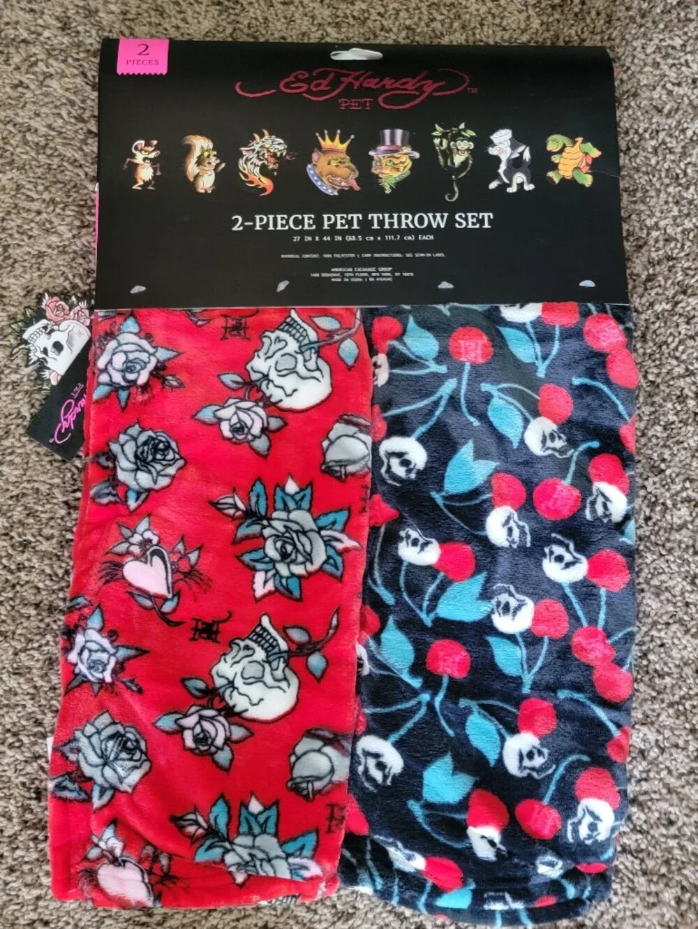 Ed Hardy Pet Dog Or Cat Blankets Throw Skull Cherries 2 Piece.. New!